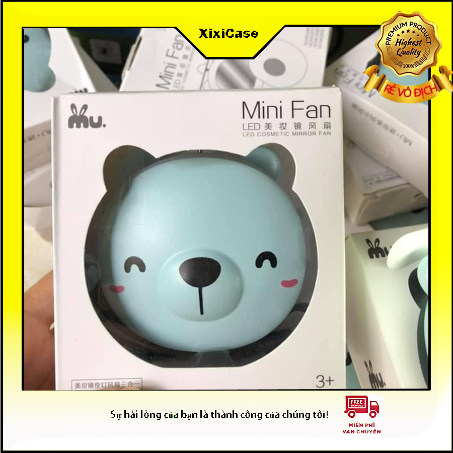 Quạt mini cầm tay kèm gương và đèn led