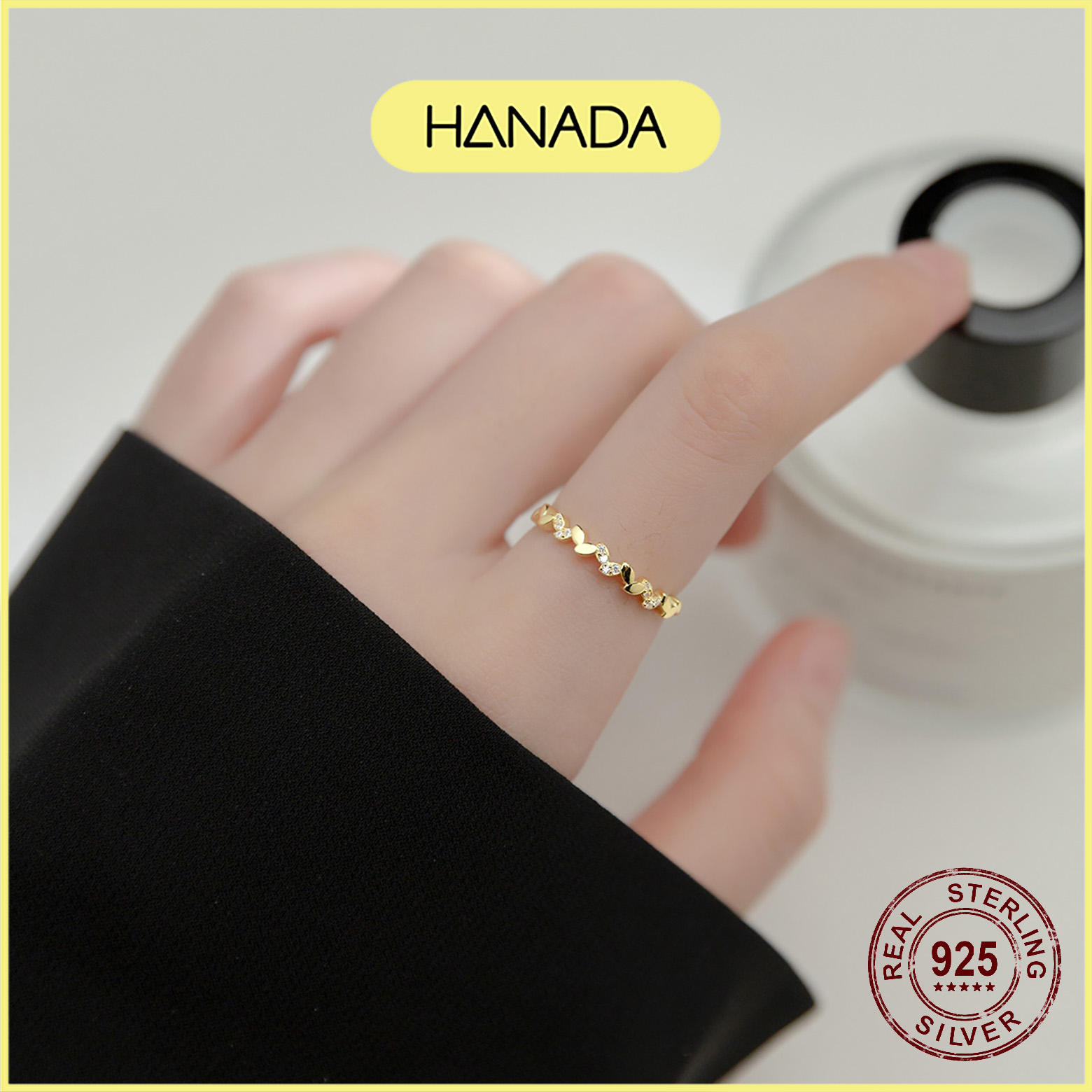 Nhẫn Bạc 925 Hanada Nhẫn Lá Đá Trơn Xen Kẽ 0010