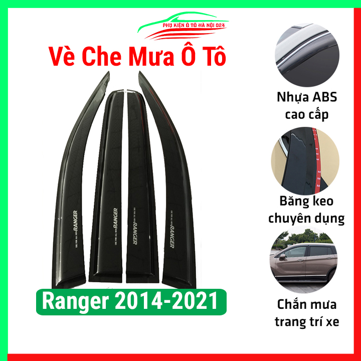 Vè che mưa ô tô Ford Ranger 2014-2021 Đen Thái Xịn, nhựa ABS chắn mưa, cản bụi tốt băng keo chắc chắn