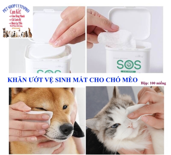 Khăn ướt lau chùi mắt cho Chó Mèo thú cưng SOS Hộp 100 miếng Lấy sạch bụi bẩn Giúp mắt thú cưng luôn sạch sẽ và khỏemạnh