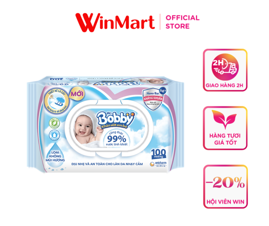 [Siêu thị WinMart] - Khăn ướt trẻ em Bobby không hương gói 100 tờ