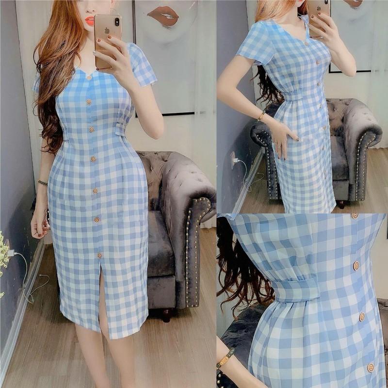 [HCM]ĐẦM SỌC CARO BÓ EO THẮT NƠ SUGAR