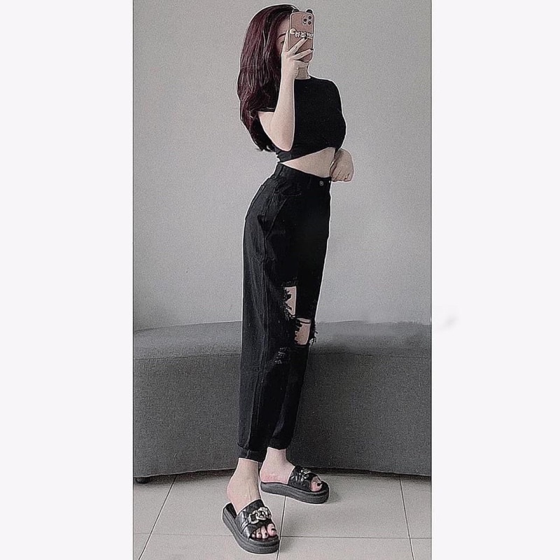 Quần baggy bò đen rách kiểu mới gs100