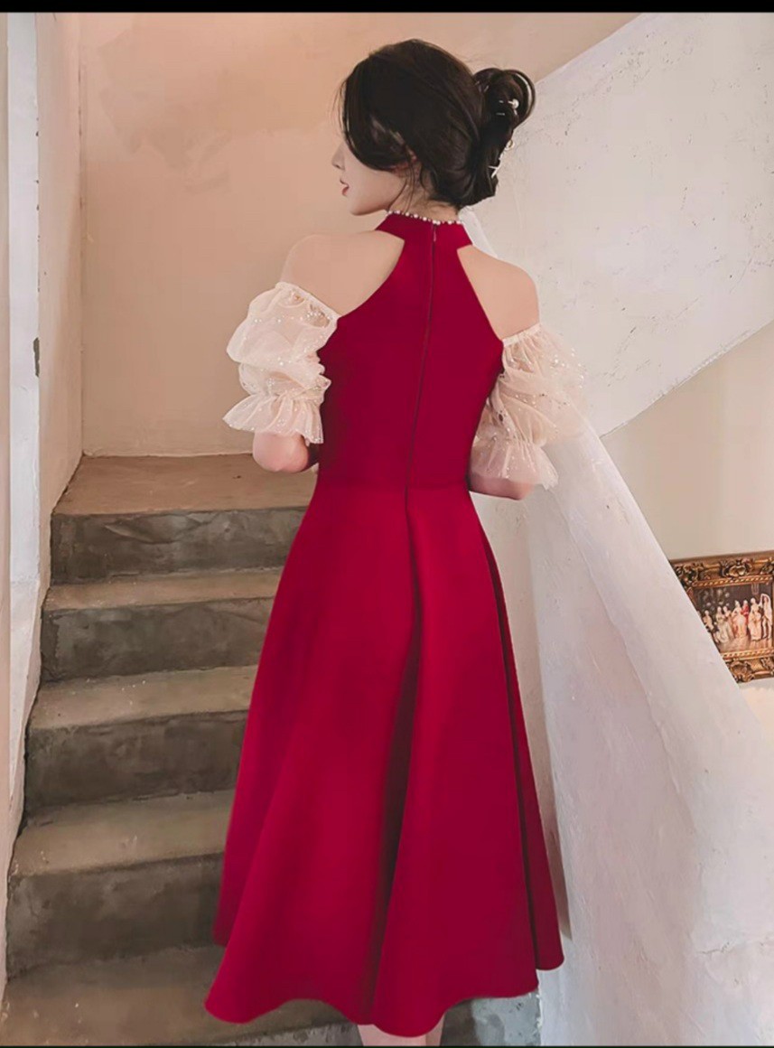 [Mới] Đầm Cổ Yếm Tay Phối Kim Sa Đính Cườm