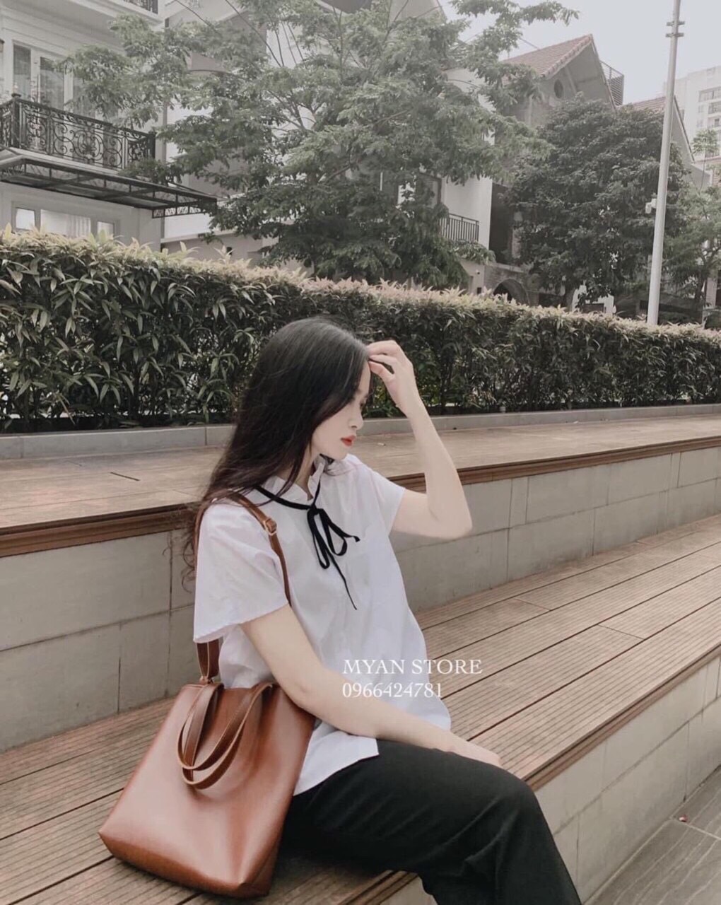 Áo sơ mi trắng cổ bèo nơ siêu xinh