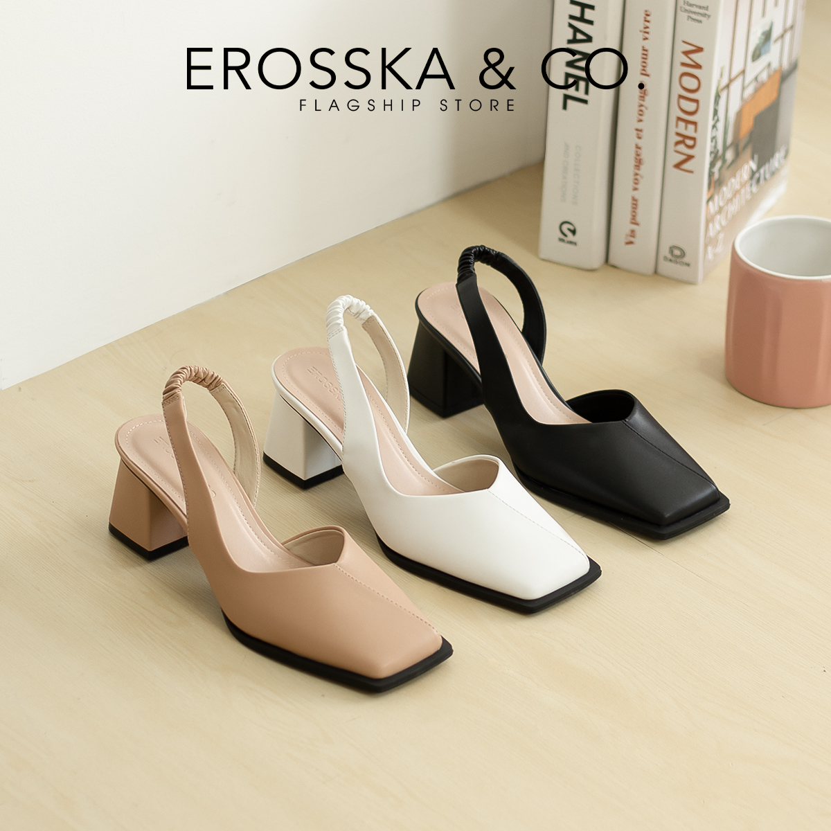 Erosska - Giày cao gót nữ mũi vuông dây quai mảnh nhún sau màu trắng cao 6cm - EL027