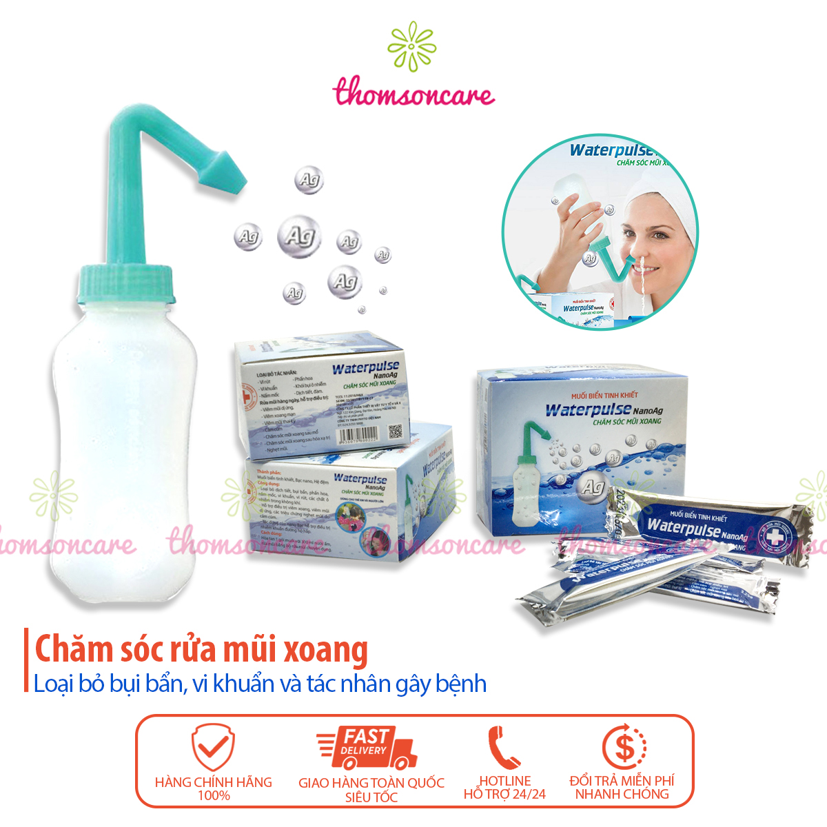 Bình rửa mũi Waterpulse, dụng cụ chuyên dụng rửa sạch mũi xoang, muối có nano bạc cho trẻ em, bé từ 2 tuổi người lớn Water Pulse Nasal
