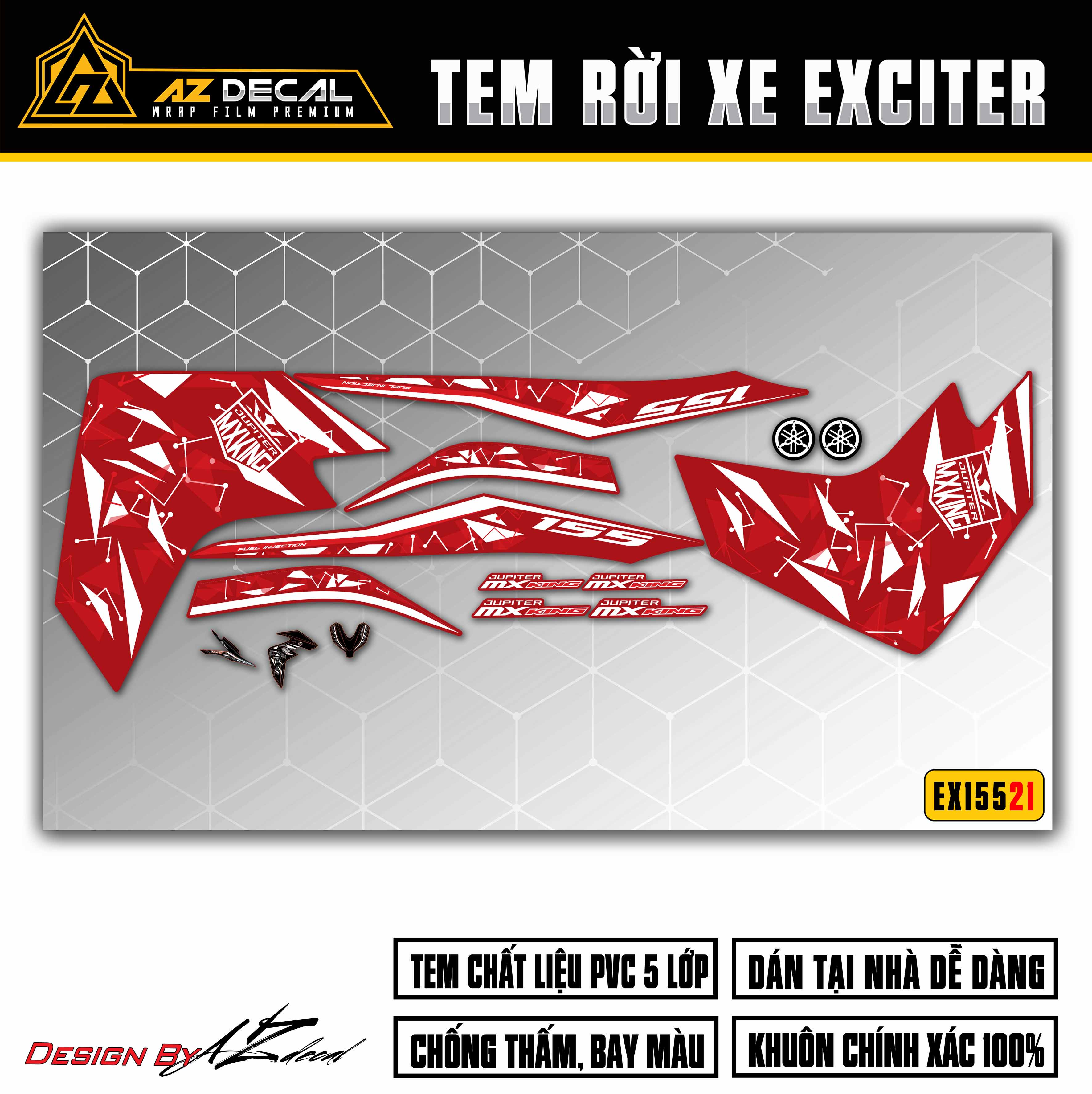 Tem Chế Xe Exciter 155 VVA Mẫu Họa Tiết Polygon | EX15521 | Decal Dán Ex155 Màu Đỏ, Đen, Trắng, Xanh GP | Azdecal