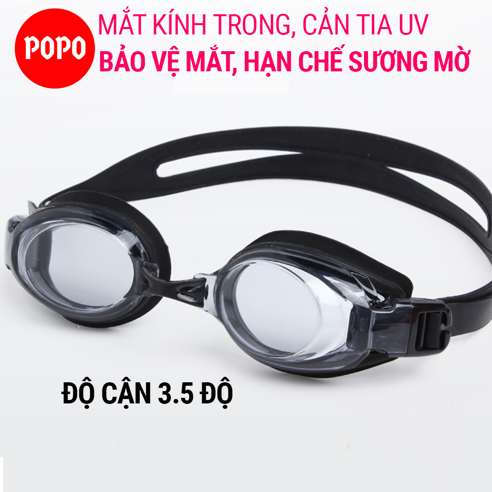 Kính bơi cận mắt trong có độ 3.5 độ POPO 5100BLACK mắt kiếng bơi trong suốt, kính bơi cận cho người lớn, trẻ em trên 8 tuổi mắt kính cản tia UV chống hấp hơi