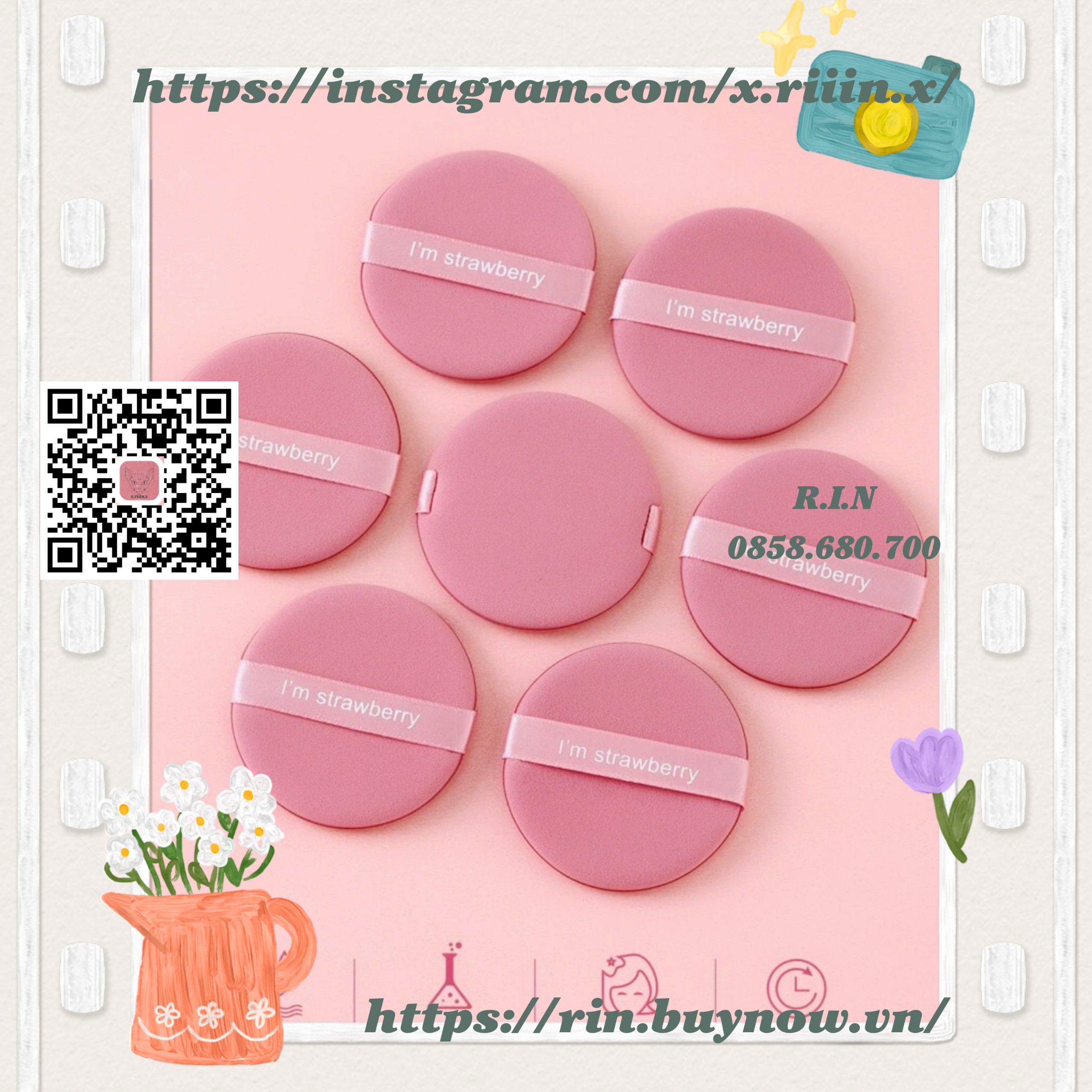 RIIIN Combo 7 miếng bông trang điểm Strawberry