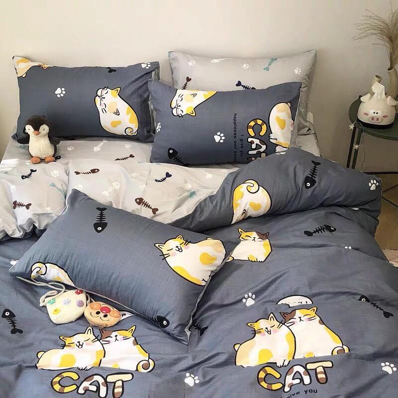 Bộ chăn ga gối Cotton Hàn Quốc - MÈO ĐÔI XÁM , chất liệu thoáng mát , không bai , không xù , ga chun , vỏ gối