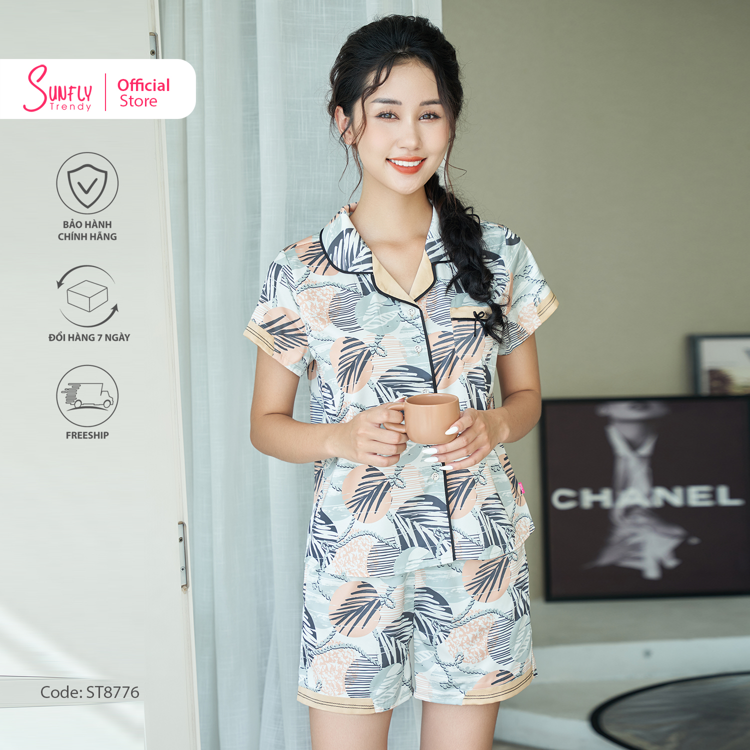 [VOUCHER ĐỘC QUYỀN 15.1 - GIẢM 15% TỐI ĐA 100K]Bộ Đồ Mặc Nhà Nữ Pyjamas Lụa SUNFLY Áo Cộc Quần Sooc ST8776