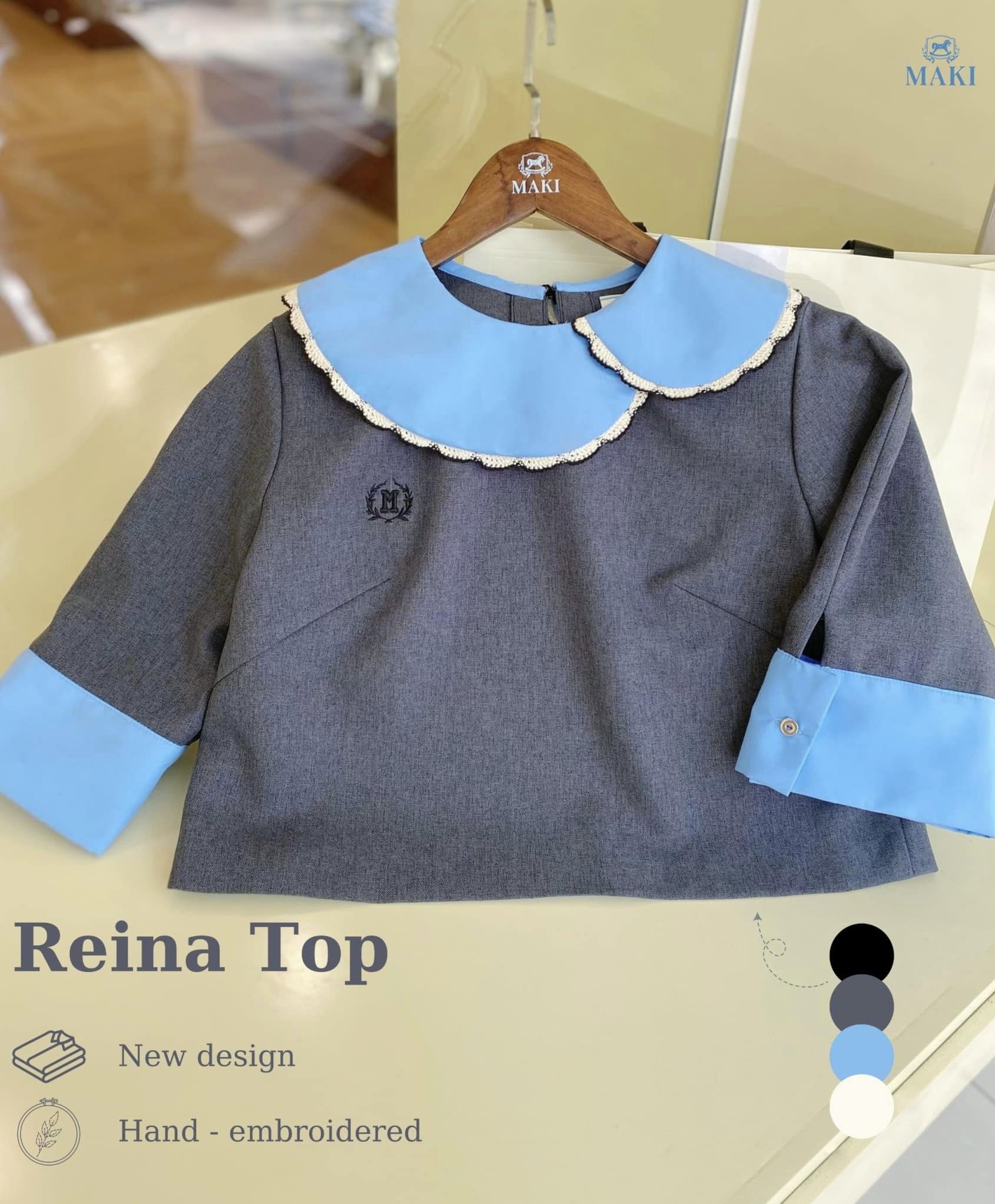 MAKI - Reina Top - Áo ghi cổ xanh