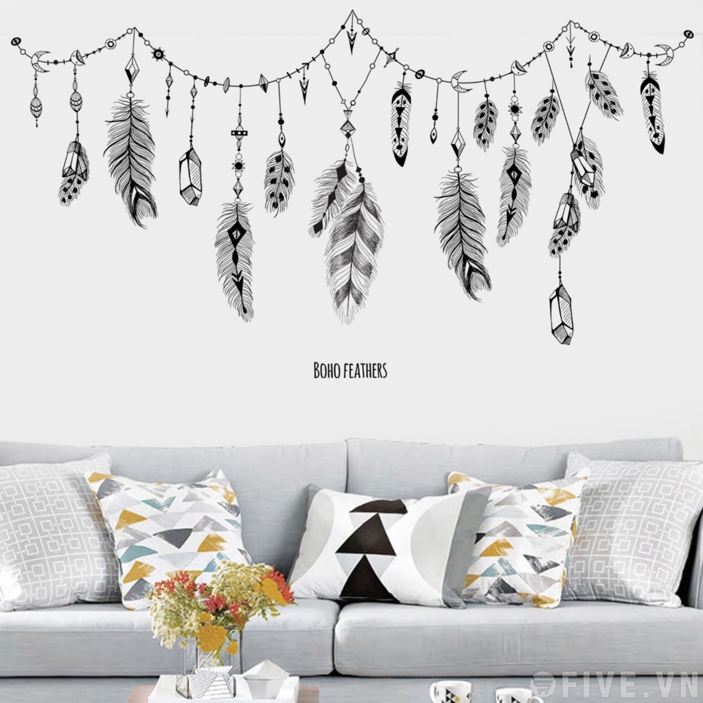 Decal dán tường lông vũ đen trắng