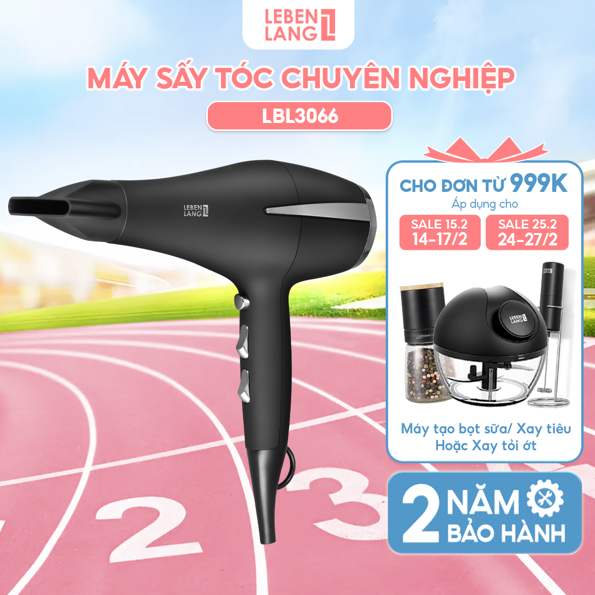 Máy sấy tóc 2 chiều nóng lạnh Lebenlang LBL3066, 2400W, hai đầu sấy cùng công nghệ ion chống xơ rối làm suôn mượt bảo vệ tóc, bảo hành 2 năm - hàng chính hãng