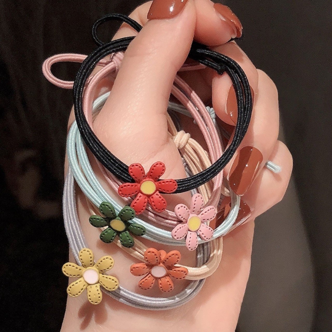 BỘ 05 CỘT HOA 6 CÁNH PASTEL - CỘT TÓC LEN MÀU DẠ QUANG