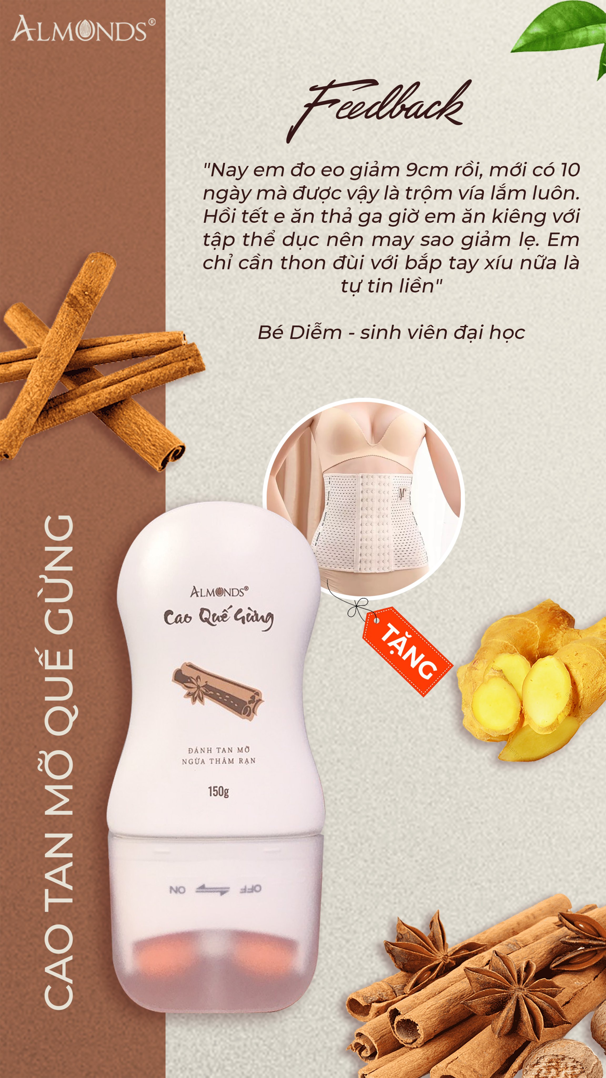 Cao quế rừng tan mỡ bụng Almonds 150g- tặng đai nịt bụng