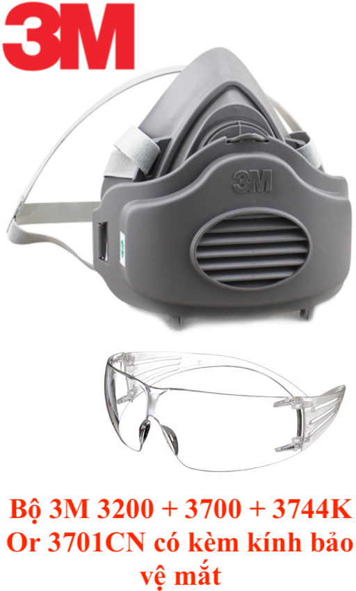 Bộ mặt nạ kiêm khẩu trang phòng độc 3M 3200 2 trong 1 Kèm tấm lọc bụi 3701CN hoặc 3744K nắp đậy 3700 Và 01 Kính 3M 334 hoặc SF201AF Bảo Vệ Mắt tác dụng chống Virus, chống bụi siêu mịn PM2.5, các loại bụi công nghiệp