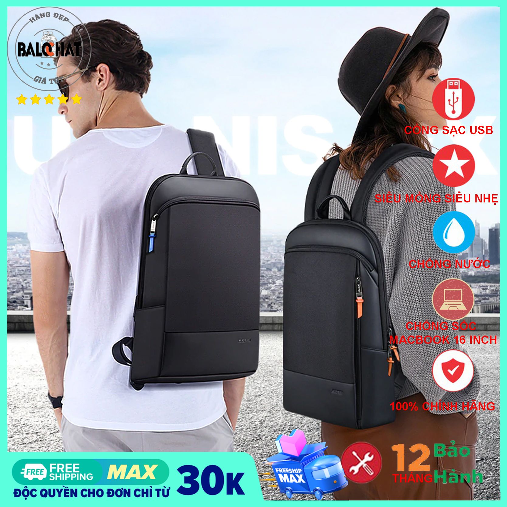 Balo laptop BOPAI siêu mỏng nhẹ đựng macbook pro 16 inch