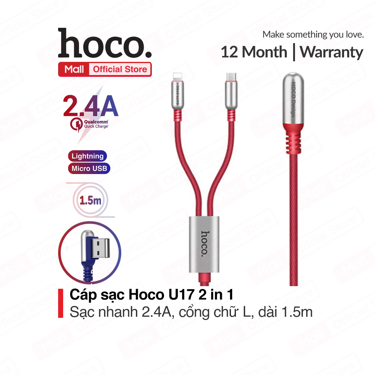 Cáp sạc hoco u17 2 in 1 sạc nhanh 2.4a đầu usb chữ l chống gẫy dây bện dù chống gập dài 1.5m