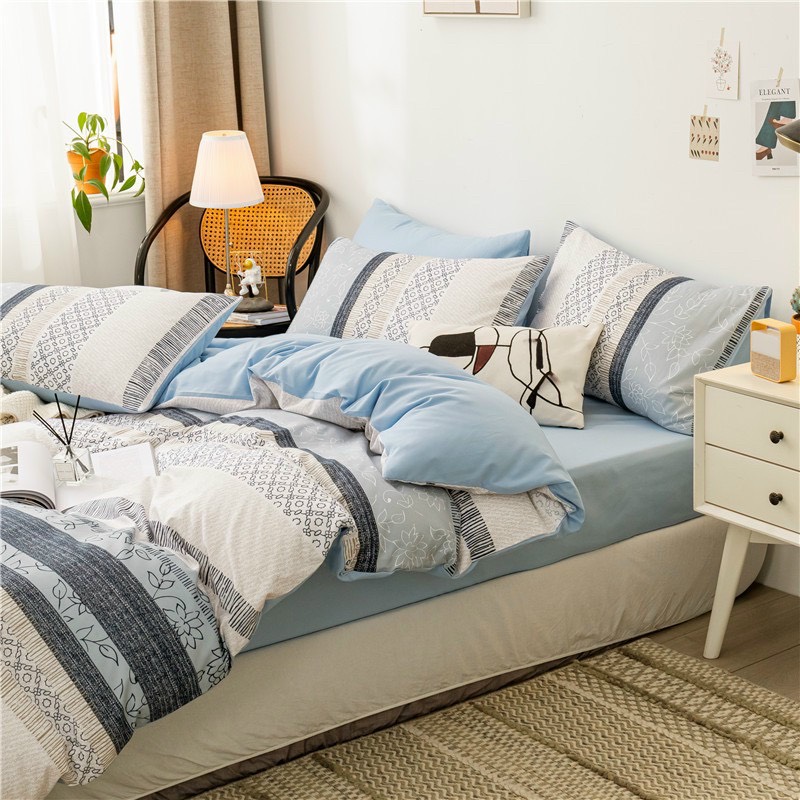 Chăn ga gối cotton poly - Mẫu thổ cẩm xanh