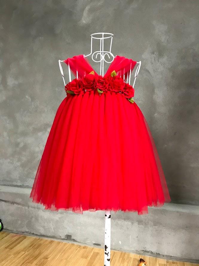 Đầm tutu công chúa hoa chiffon đỏ