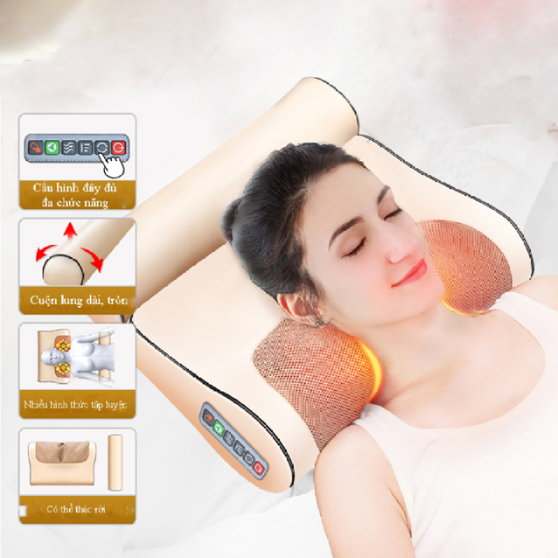 Gối mát xa massage Junbu® hồng ngoại 16 bi - Trị liệu cổ, vai ,gáy, cột sống lưng chất liệu da, vải chống thấm nước + tặng kèm gối lưng + gói trị liệu ngải cứu cao cấp