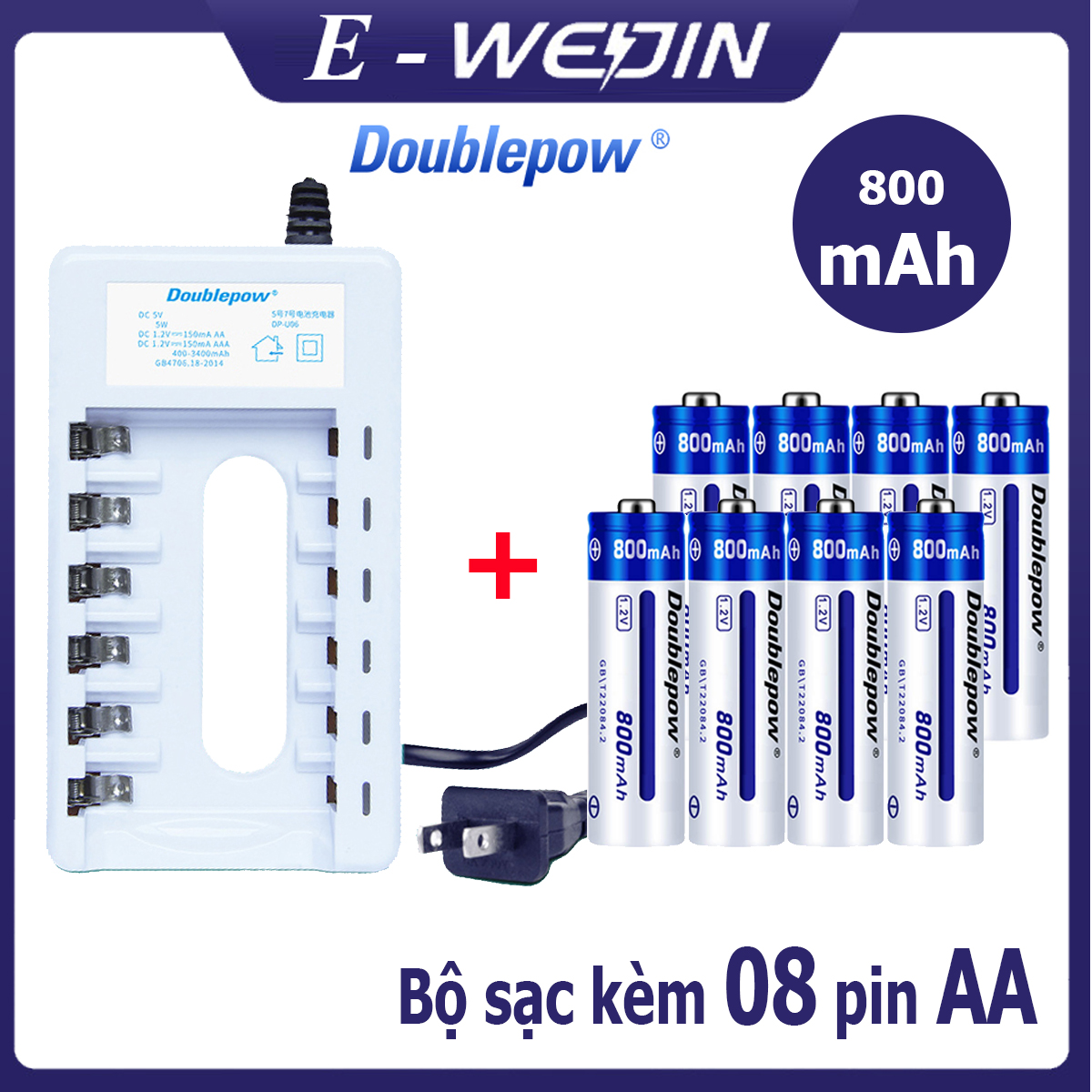Bộ sạc pin tiểu aa/aaa dp-b06 và 08 viên pin aa 800mah doublepow