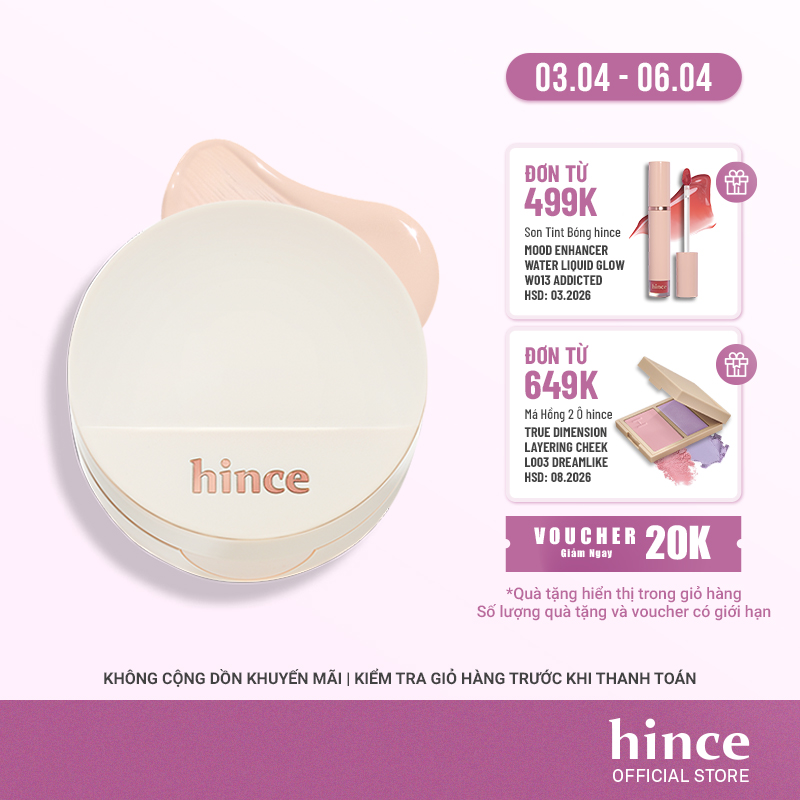 Phấn nước căng bóng thuần chay SPF 50+ hince Second Skin Glow Cushion 12G