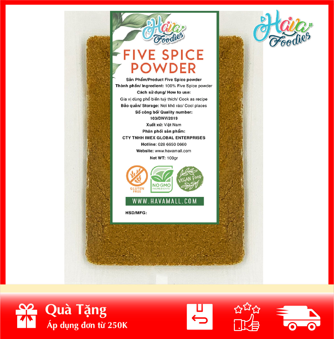 [HOÀN TIỀN MAX 10%][ HÀNG CÔNG TY NHẬP KHẨU ] Ngũ Vị Hương Thương Hiệu Hava Foodies Gói 100g – Five Spice Powder