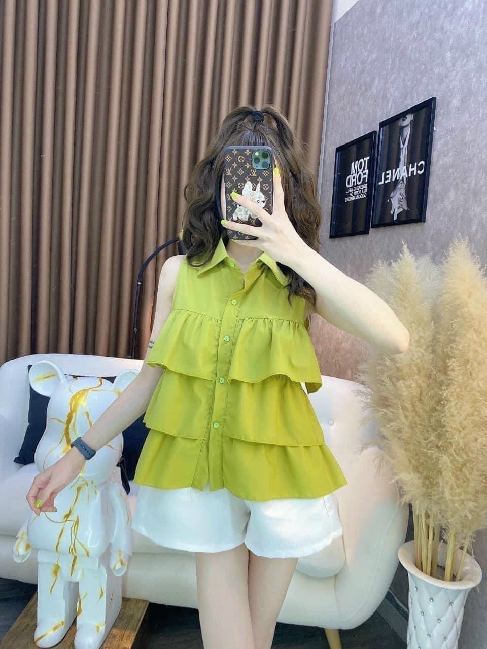 Áo kiểu nữ sát nách cổ sơ mi phom babydoll xếp bèo tầng cực xinh