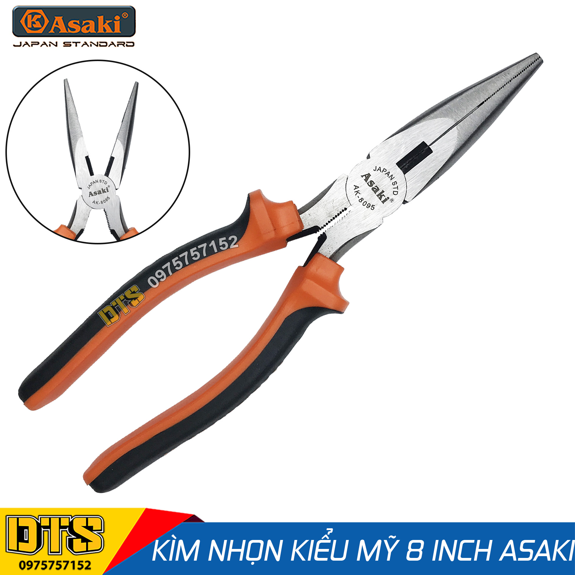 Kìm nhọn kiểu Mỹ Asaki A+cut Tech 8 inch/ 200mm, thép High Carbon độ cứng cao