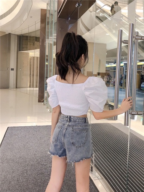 [HCM]Áo kiểu croptop đắp chéo tay phồng