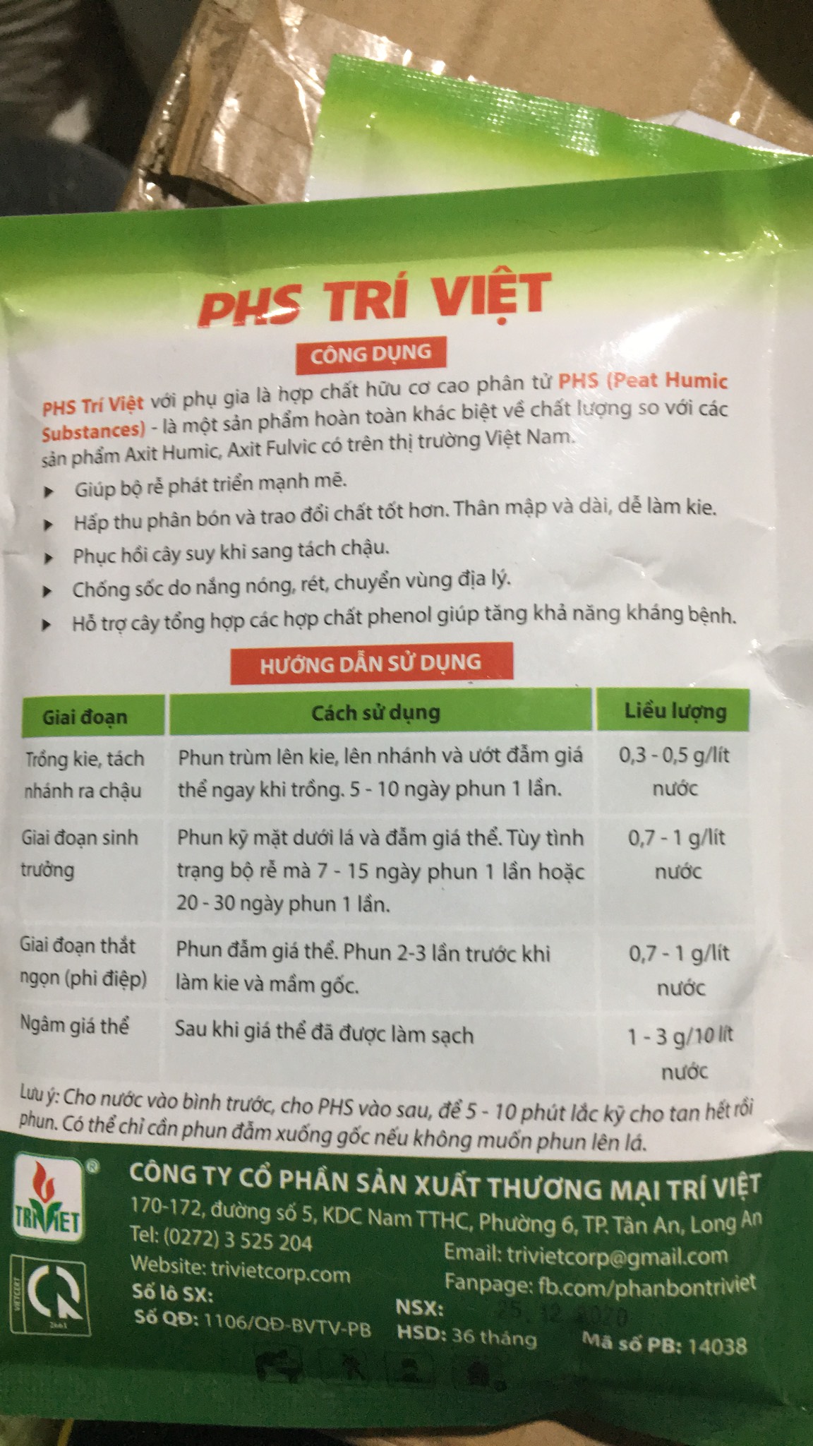 Phân bón lá PHS Trí Việt gói 250gr