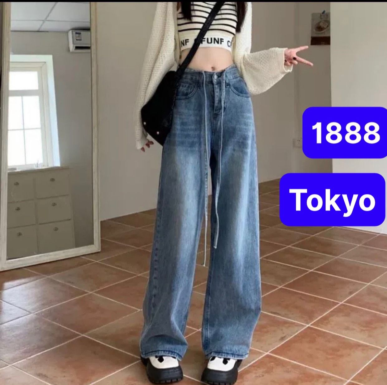Quần jeans nữ ống rộng lưng cao phối dây lưng quần jeans ống suông nữ phong cách cao cấp - tokyo fashion