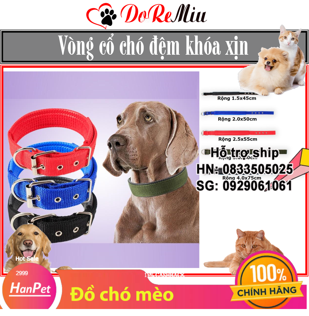 Hanpet- Vòng cổ đệm cho chó Chọn 4 màu - Vòng cổ chó mèo 5 size thích hợp