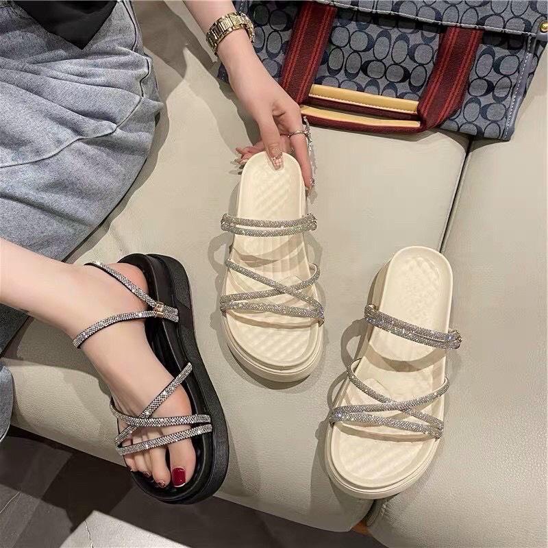 Dép Quai Dây Đính Đá Sandal Nữ Đế Độn 5cm ( Hàng QC loại 1 full box )