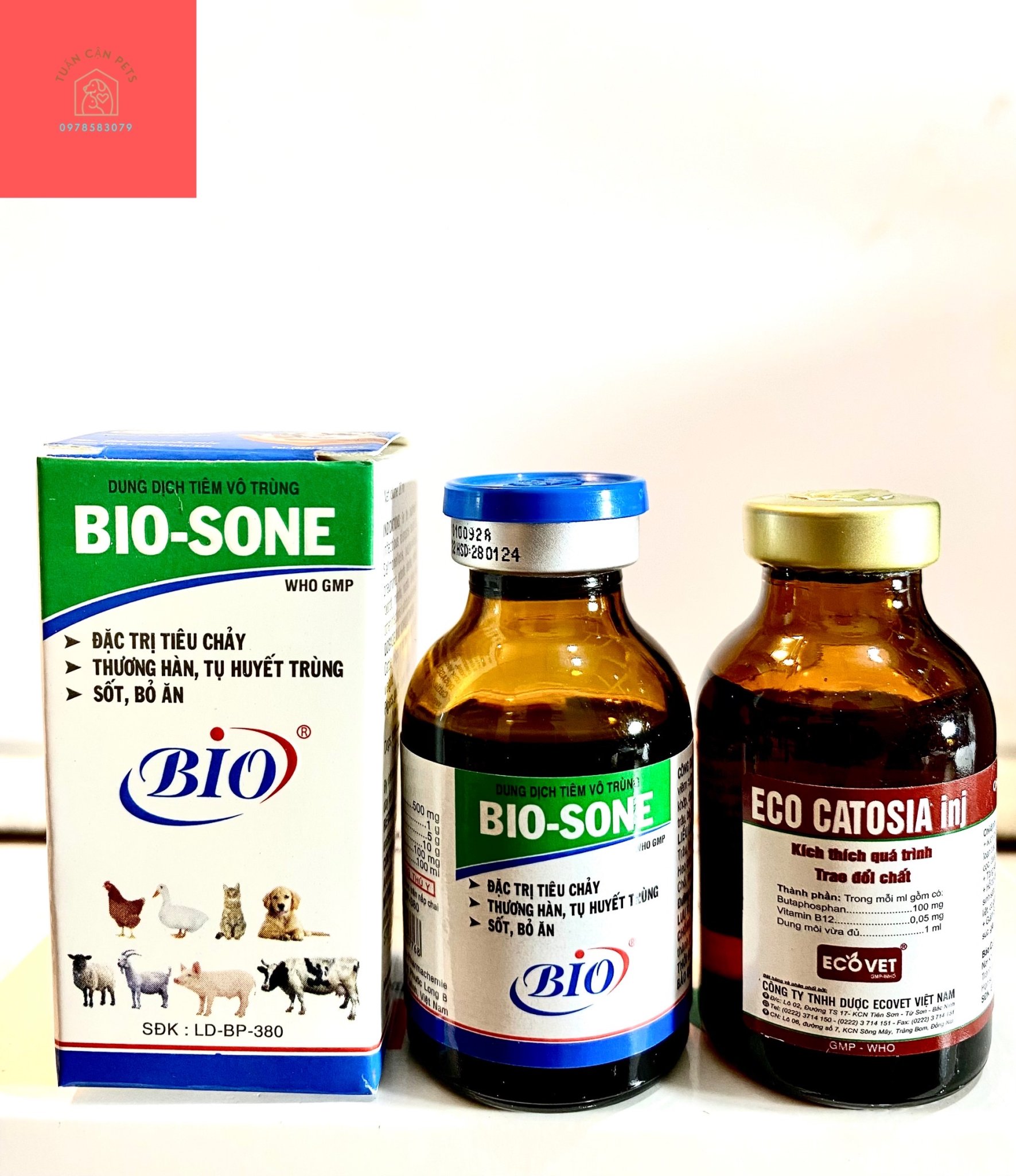 Combo Biosone(20ml)+ Catosia(20ml) cặp đôi hoàn hảo chữa đi ỉa phân xanh, phân trắng, hen khẹc trên gà đá, gà kiểng, đi ỉa chảy, kho thở trên gia súc và gia cầm, thuốc bổ hàm lượng cao giúp vật nuôi nhanh chóng hồi phục