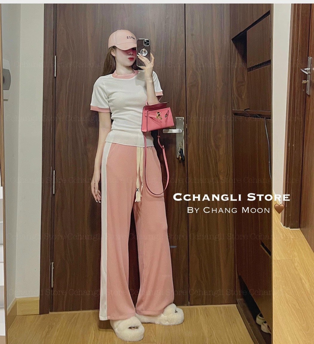 Sét bộ thun gân áo croptop cổ tròn ngắn tay kiềm viền màu kết hợp quần thun dài lengging ttsa2075