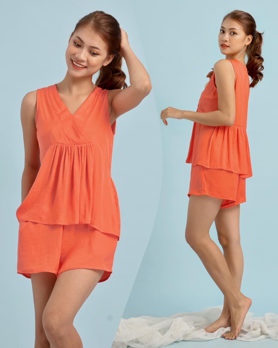 Đồ bộ lụa đùi mặc nhà cổ V nhún không tay Infashion