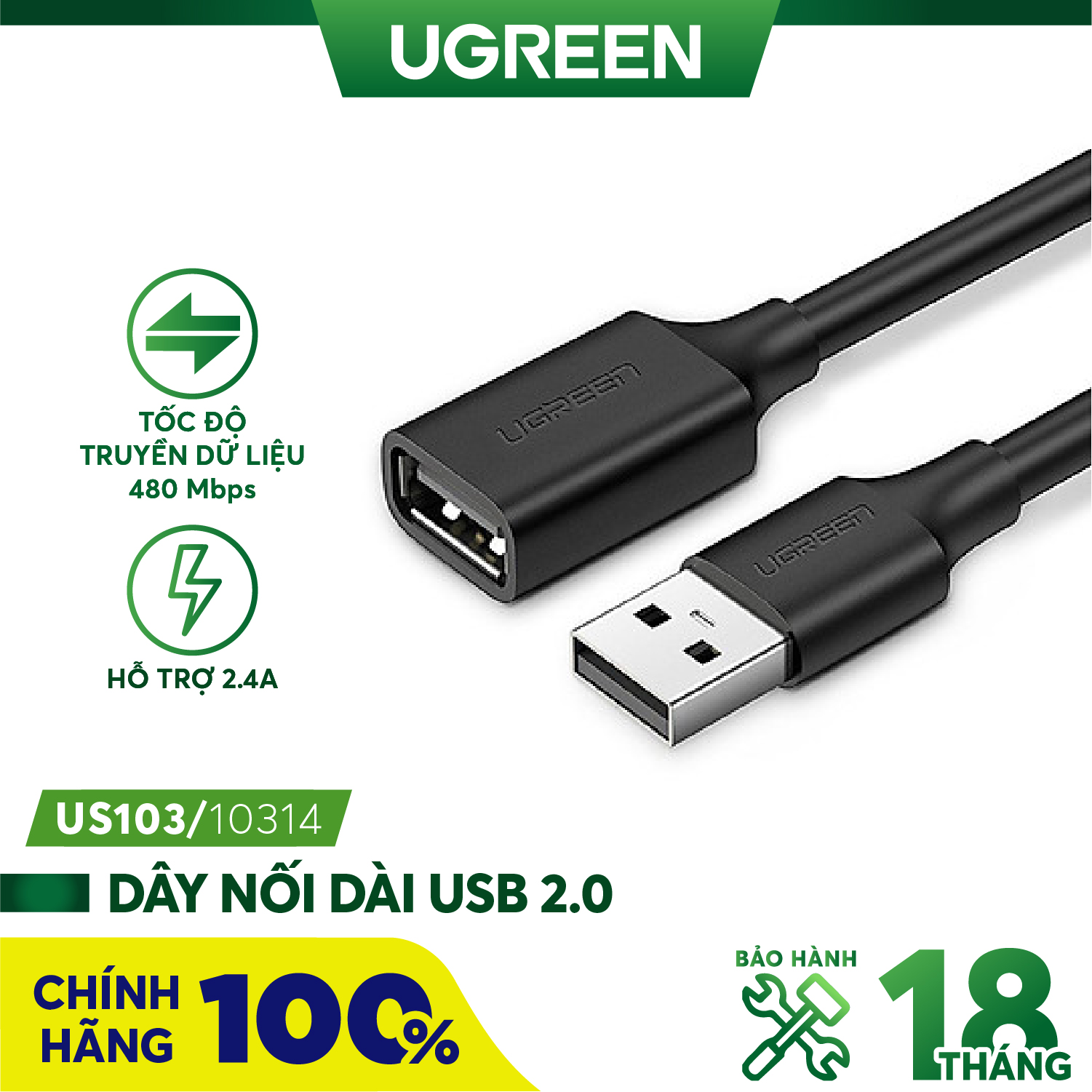Cáp USB 2.0 nối dài 1m Ugreen 10314 cao cấp
