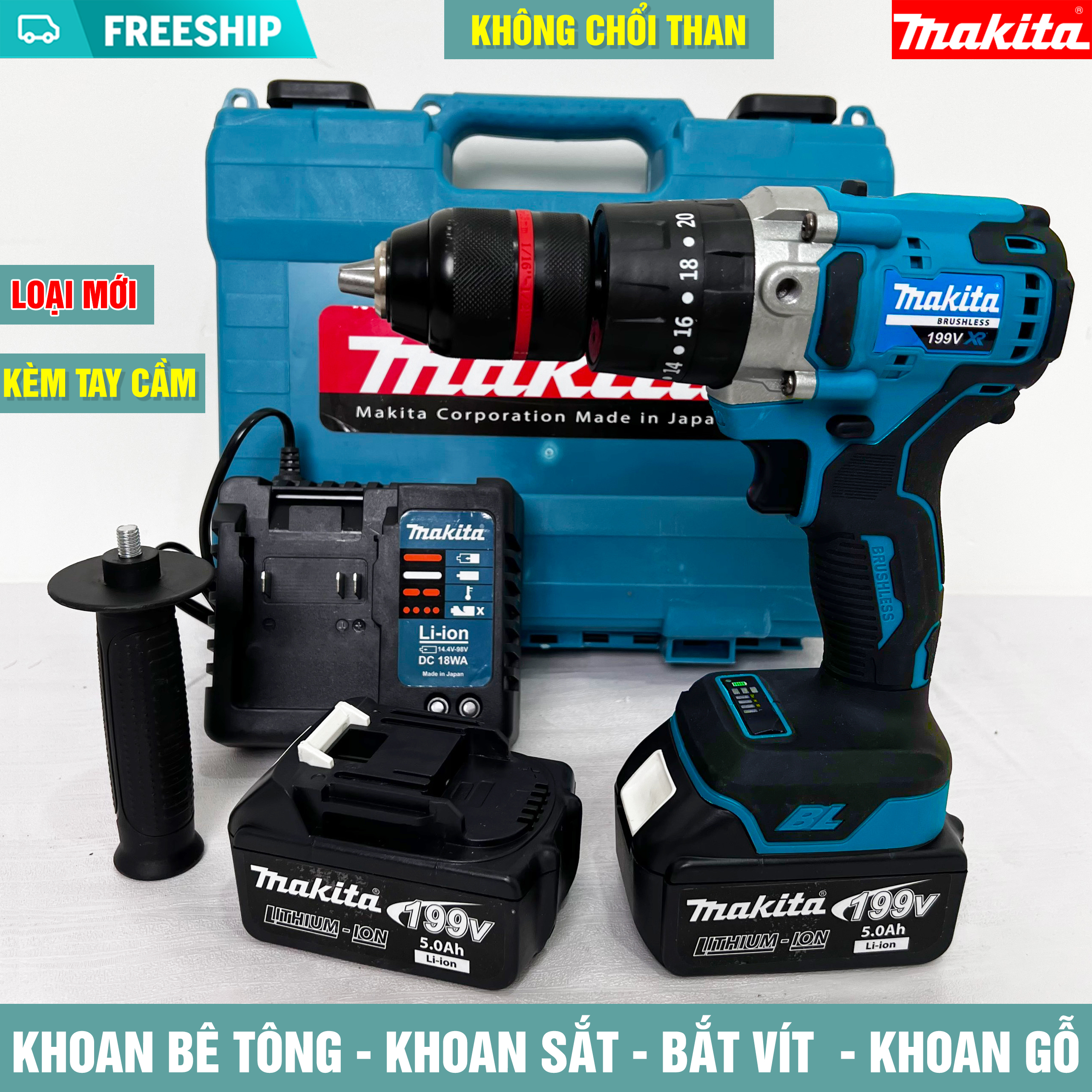 Máy khoan pin mkt 199v có tay cầm - có búa - không chổi than - pin 10 cell - 100% đồng - khoan sắt, gỗ, tường - đục bê tông - may khoan pin