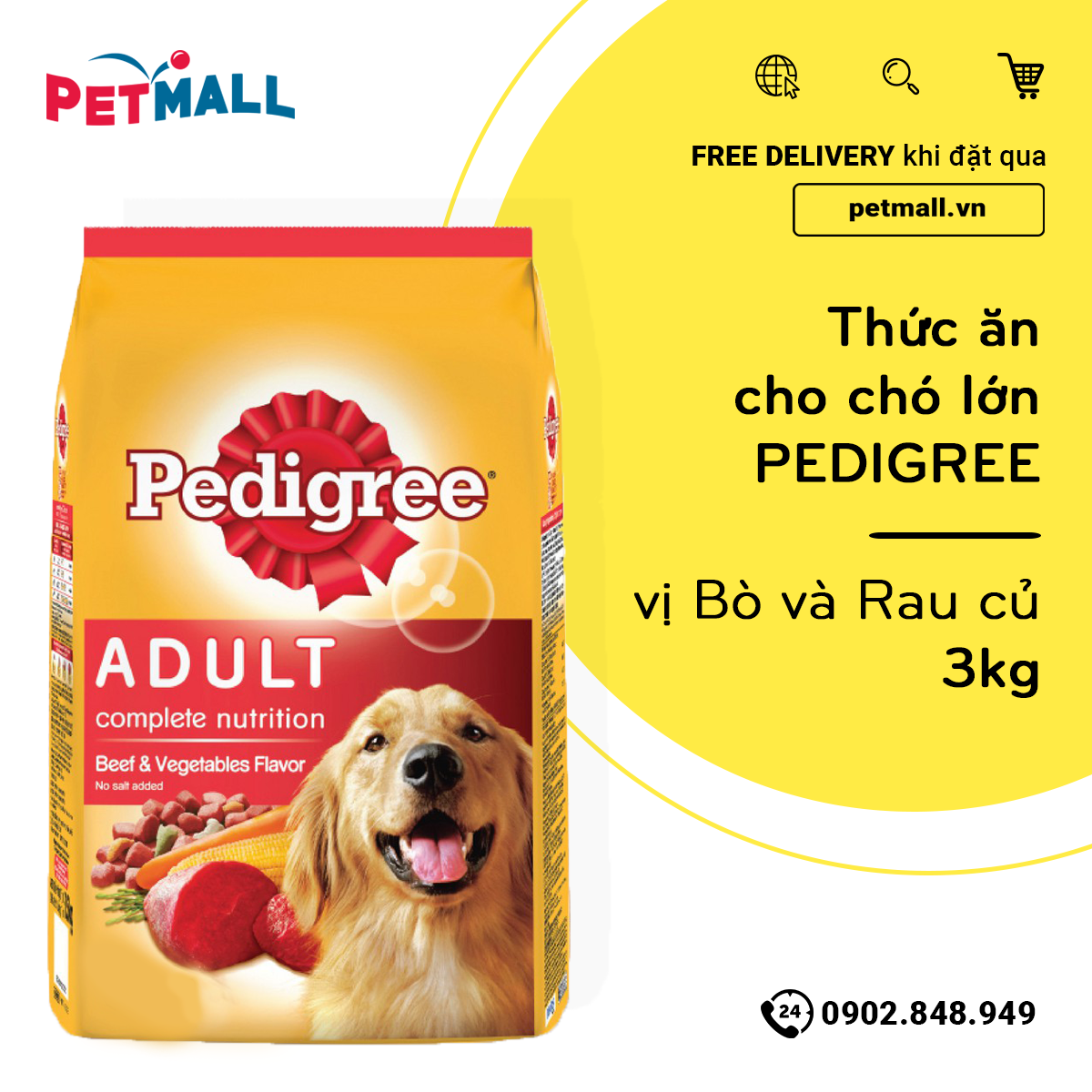 Thức ăn cho chó lớn PEDIGREE 3kg - vị Bò và Rau củ Petmall