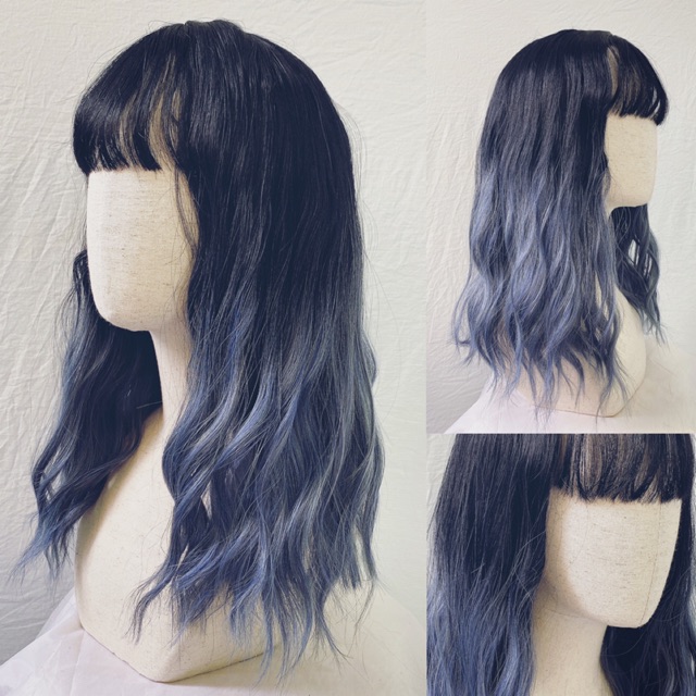 Tóc giả nguyên đầu xù omber đen- xanh khói