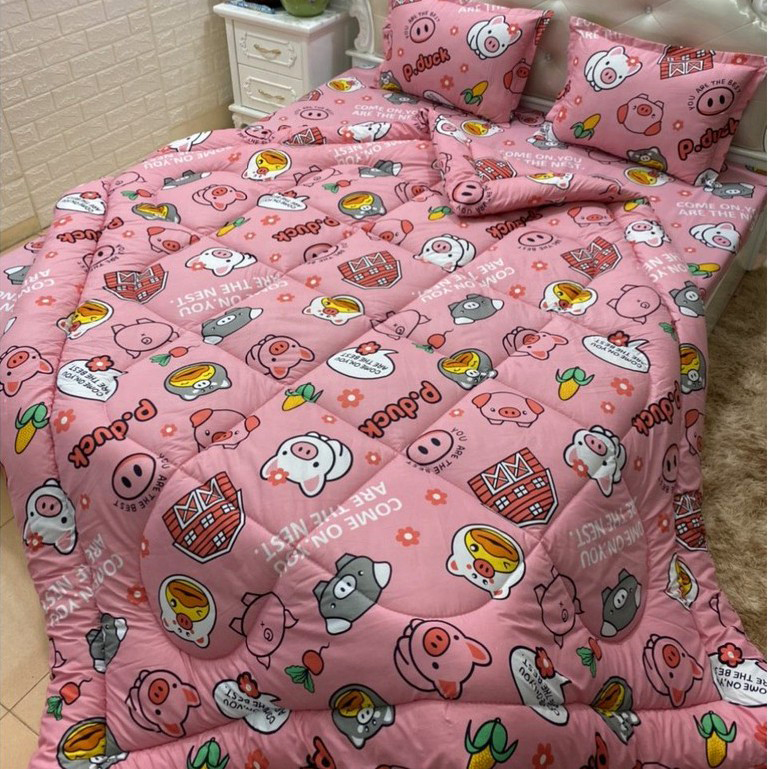 Set 4 Chăn Phao Cotton Poly LỢN HỒNG đáng yêu,dễ thương