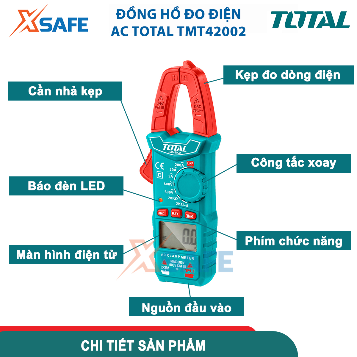 Đồng hồ đo điện đa năng Total Ampe kìm Ampe kế đo dòng điện kỹ thuật số 2000 số đếm màn hình LED đo được pin sạc máy khoan điện TMT42002