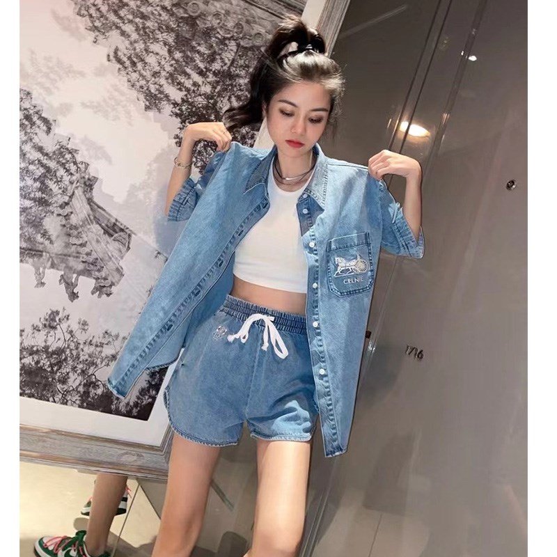 Set bộ sơ mi bò ngựa thêu