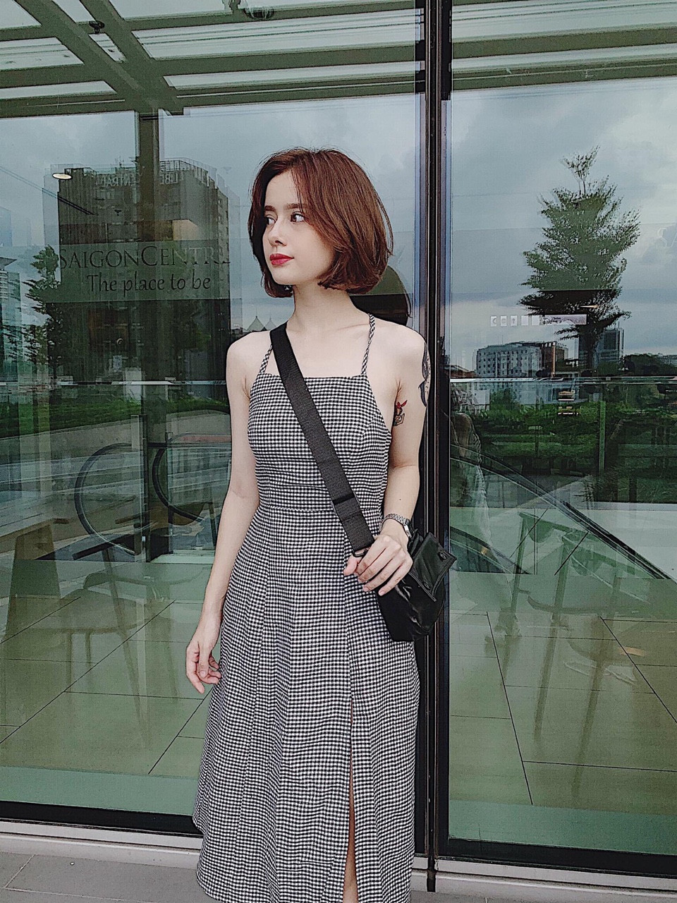 Đầm kate caro hai dây hở lưng sành điệu TTSA0209