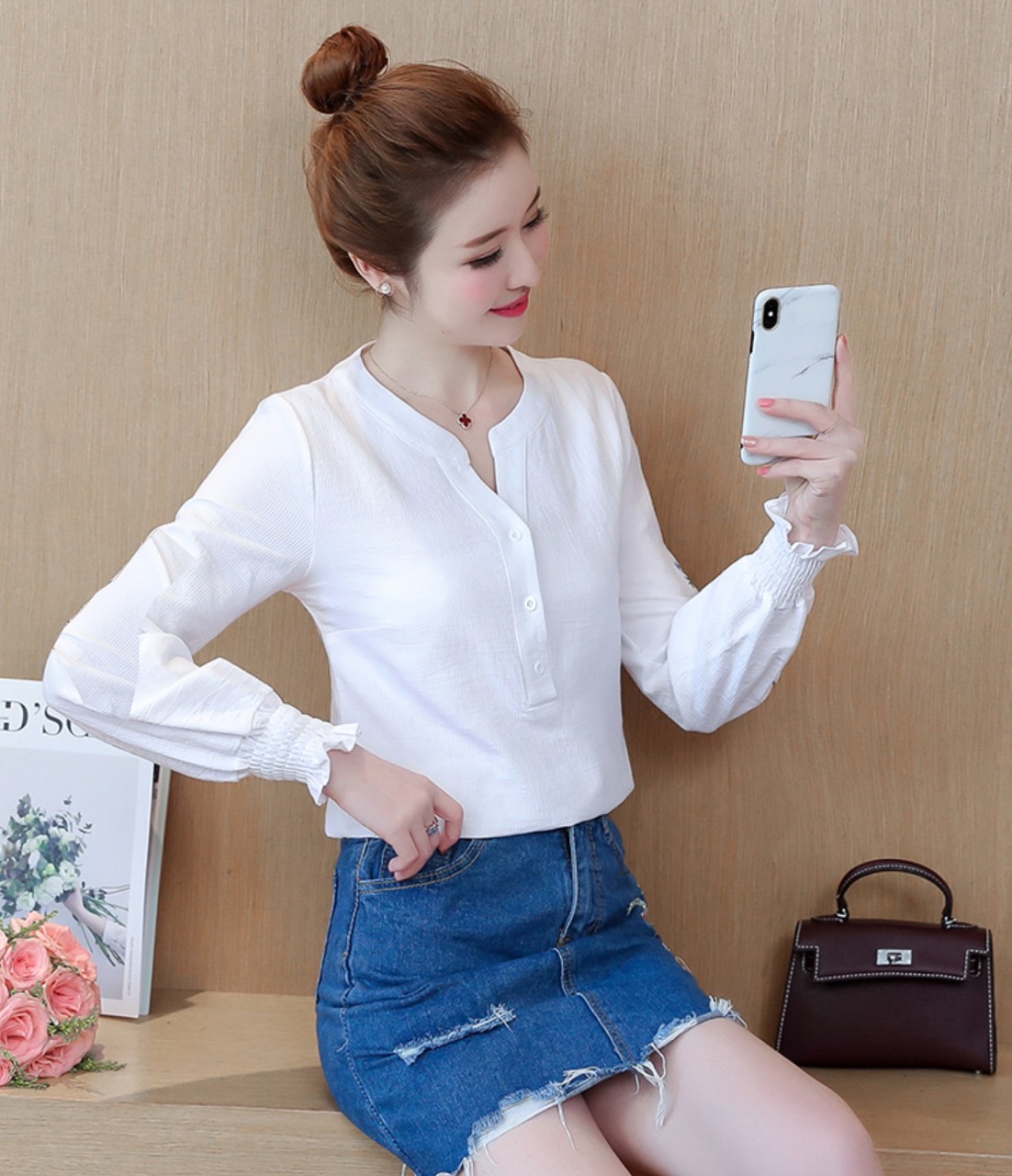 Áo sơ mi phối nút cổ v màu trắng và hồng xinh xinh ngoctranshop - nt6357