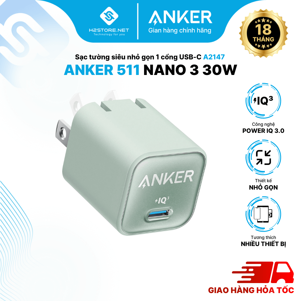 Sạc ANKER 511 Nano 30W 1 cổng USB-C PiQ 3.0 tương thích PD - A2147